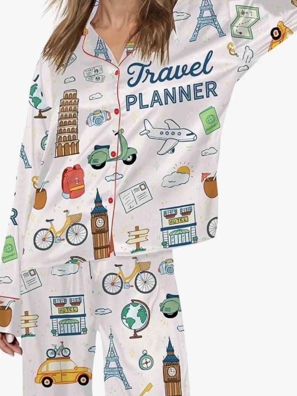 NEW Travel Pajamas 2XL Womens Satin PJ Set Long Sleeve Button Down Sleepwear 2pc